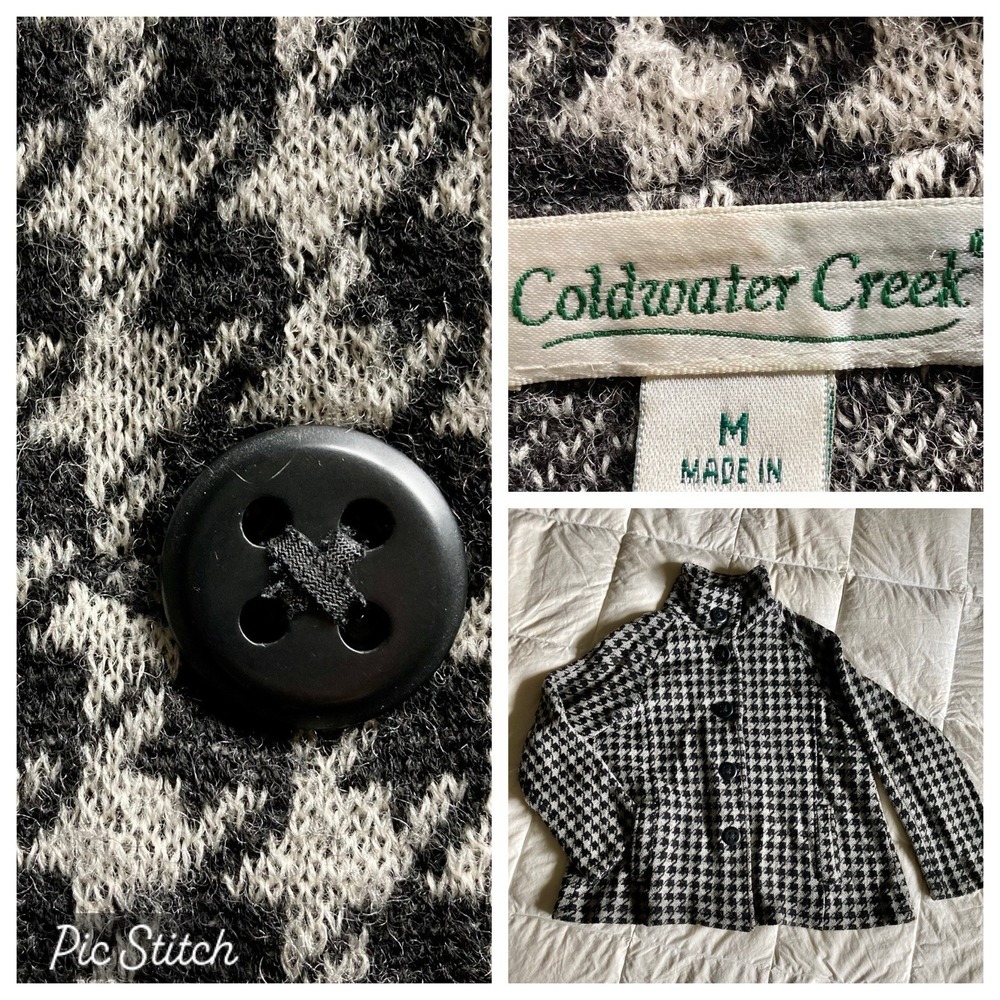 Coldwater Creek Houndstooth 100% Wool Sweater Jacket Big Button Black Gray Wmn M